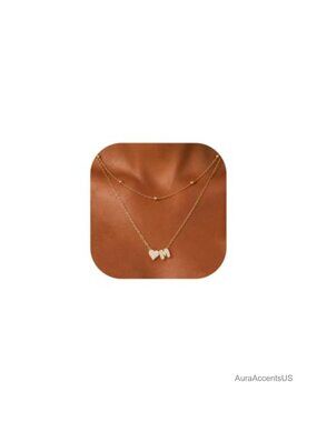 Stainless Steel Double Layer Heart Initial Necklace with CZ